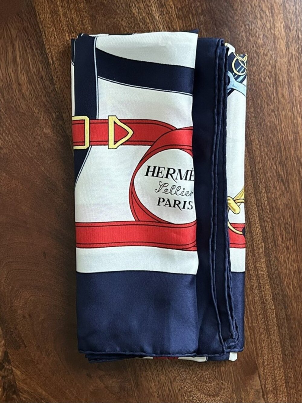 HERMES Silk Eperon D'Or Scarf, Navy, Red, Square 33 inch - Picture 3 of 5